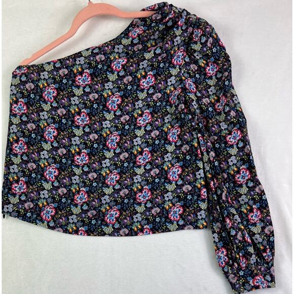 Frame Blouse Top Women XS One Shoulder Floral Print Long Sleeve Feminine Zip - Picture 4 of 15